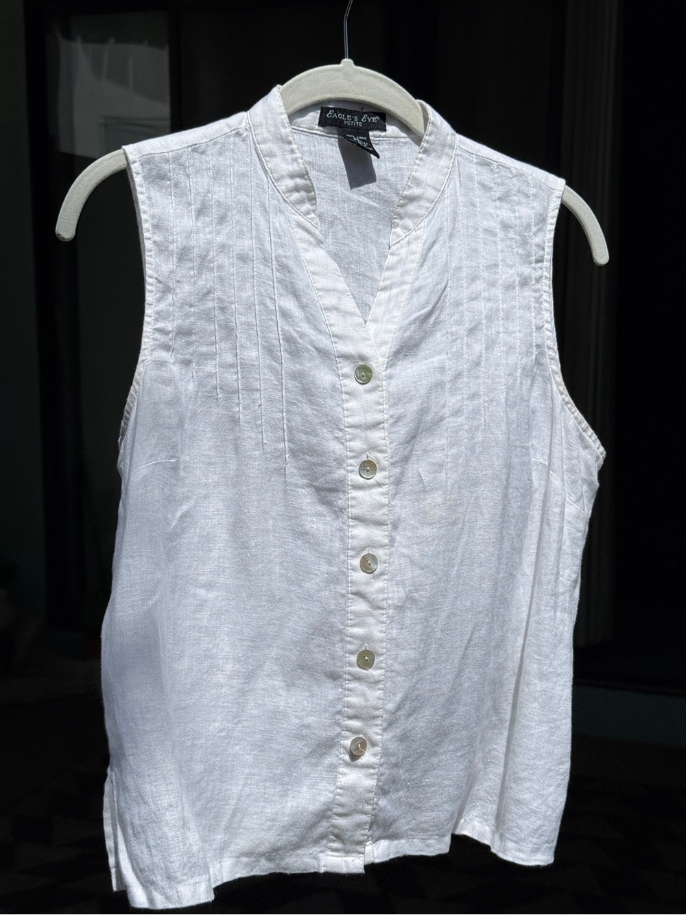 Eagle’s Eye Petite 100% Linen Pintuck Blouse Sleeveless Mandarin Collar PL